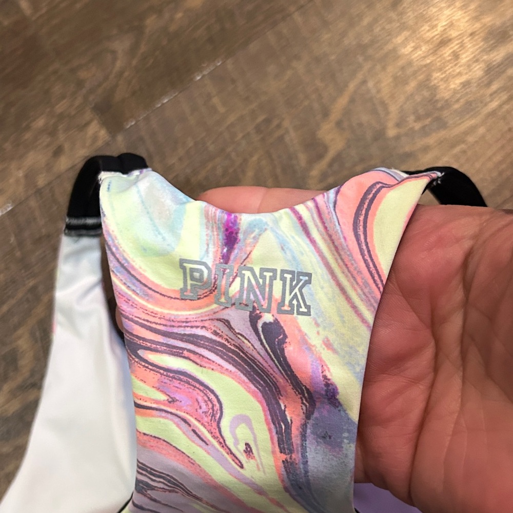 PINK Victoria's Secret Pastel Marble Racerback Bralette Black Trim Tie Dye Small - Picture 4 of 7